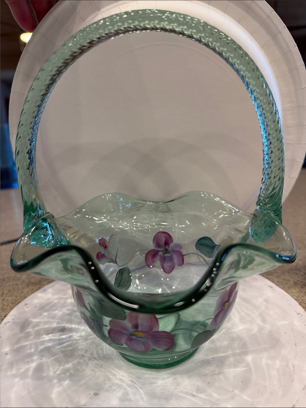 Fenton Hand-Painted Green Glass Basket with Floral Motif signed D Fredrick